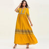 Women Muslim Dress Femme Yellow Floral  Embroidery