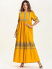 Women Muslim Dress Femme Yellow Floral  Embroidery